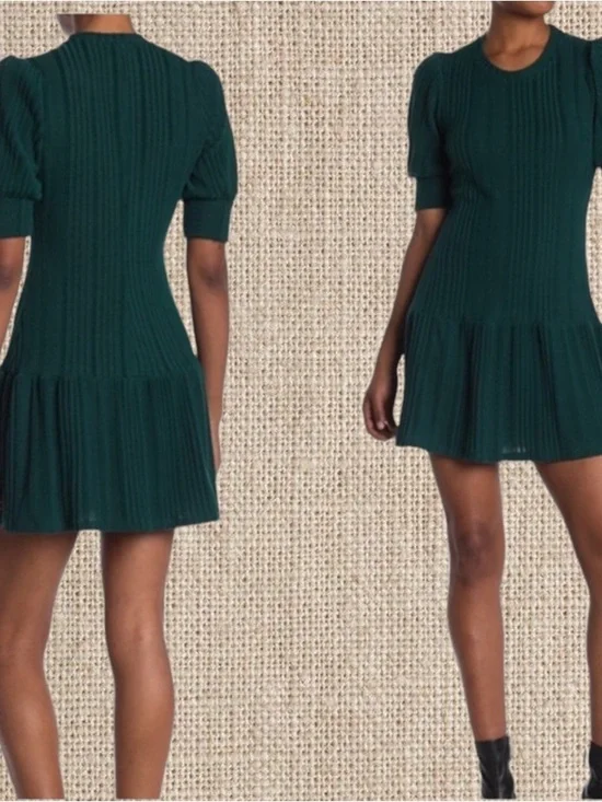 Women’s Dark Green Knit Puff-Sleeve Drop-Waist Dress - Picture 3 of 3
